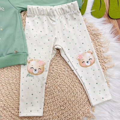 Conj. Casaco de Moletom Explorar a Natureza e Calça Legging Ursinha - Verde e Areia